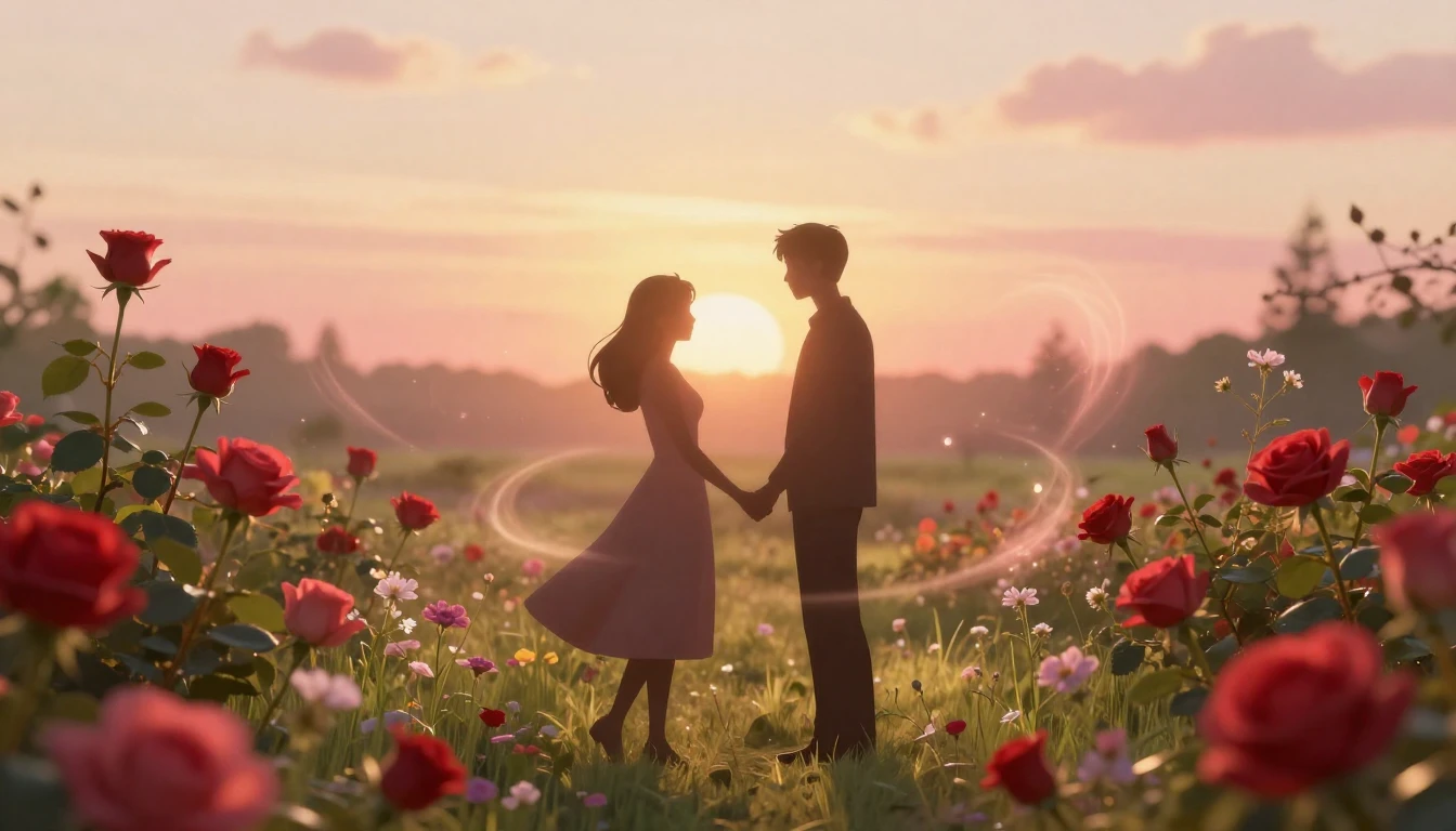 A romantic and tender scene in a blooming garden during the ...