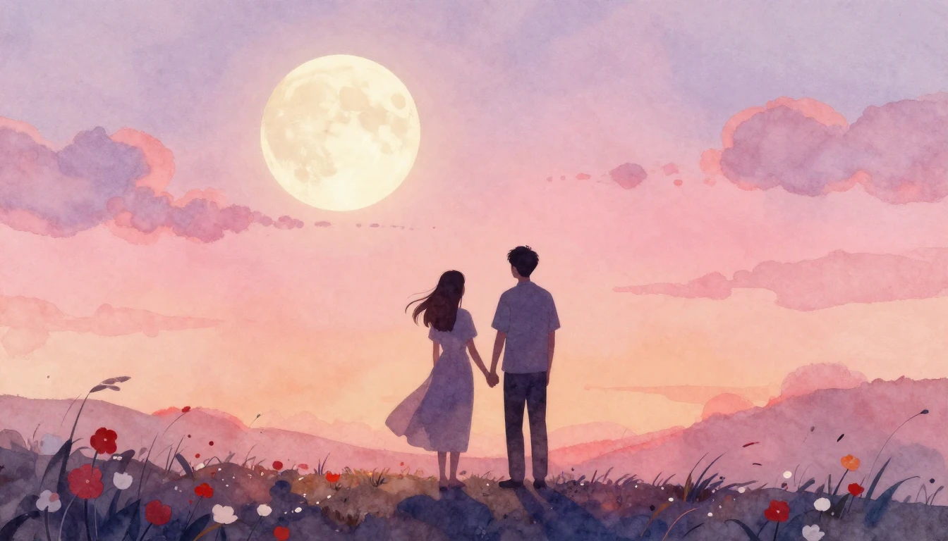 A breathtaking watercolor painting of a romantic couple in s...