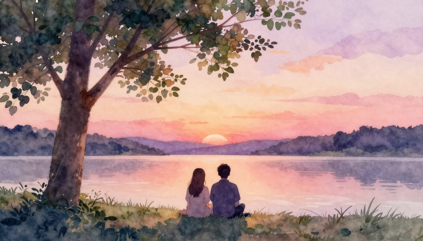A dreamy watercolor painting depicting two silhouetted figur...