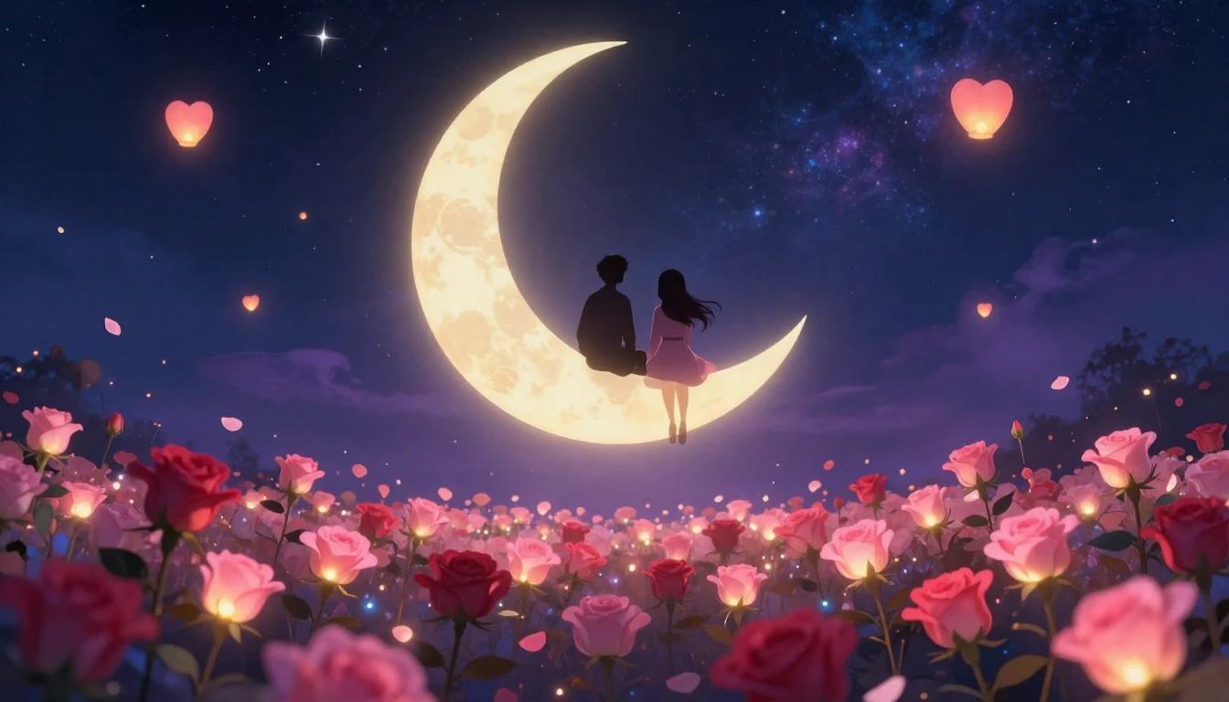 A romantic and whimsical illustration featuring two silhouet...