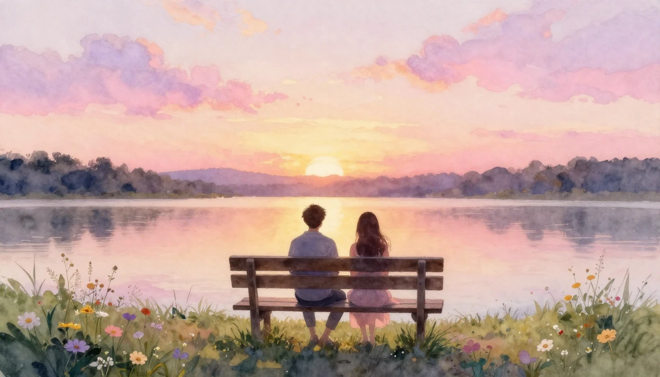 A dreamy and romantic watercolor painting depicting a peacef...