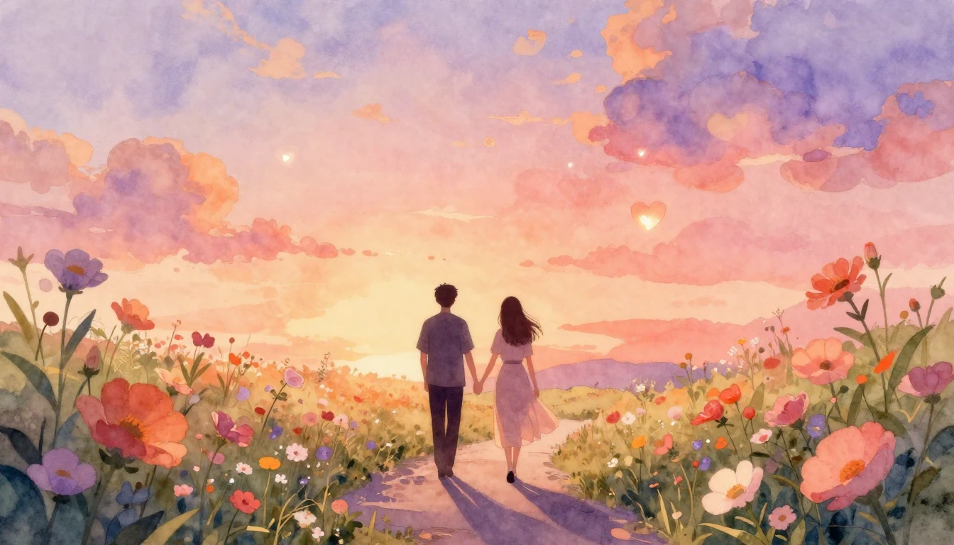 A soft and dreamy watercolor illustration depicting two silh...