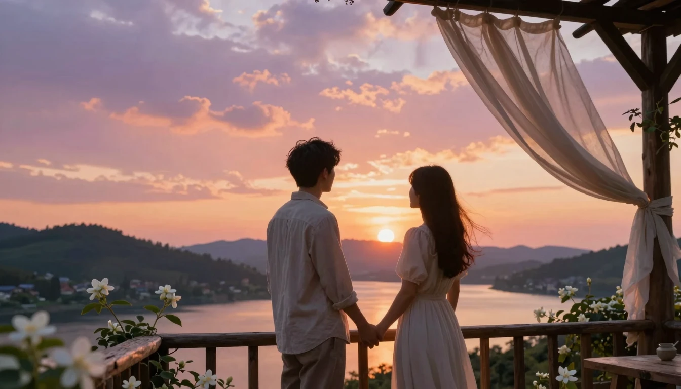 A romantic couple standing on a rustic wooden balcony during...