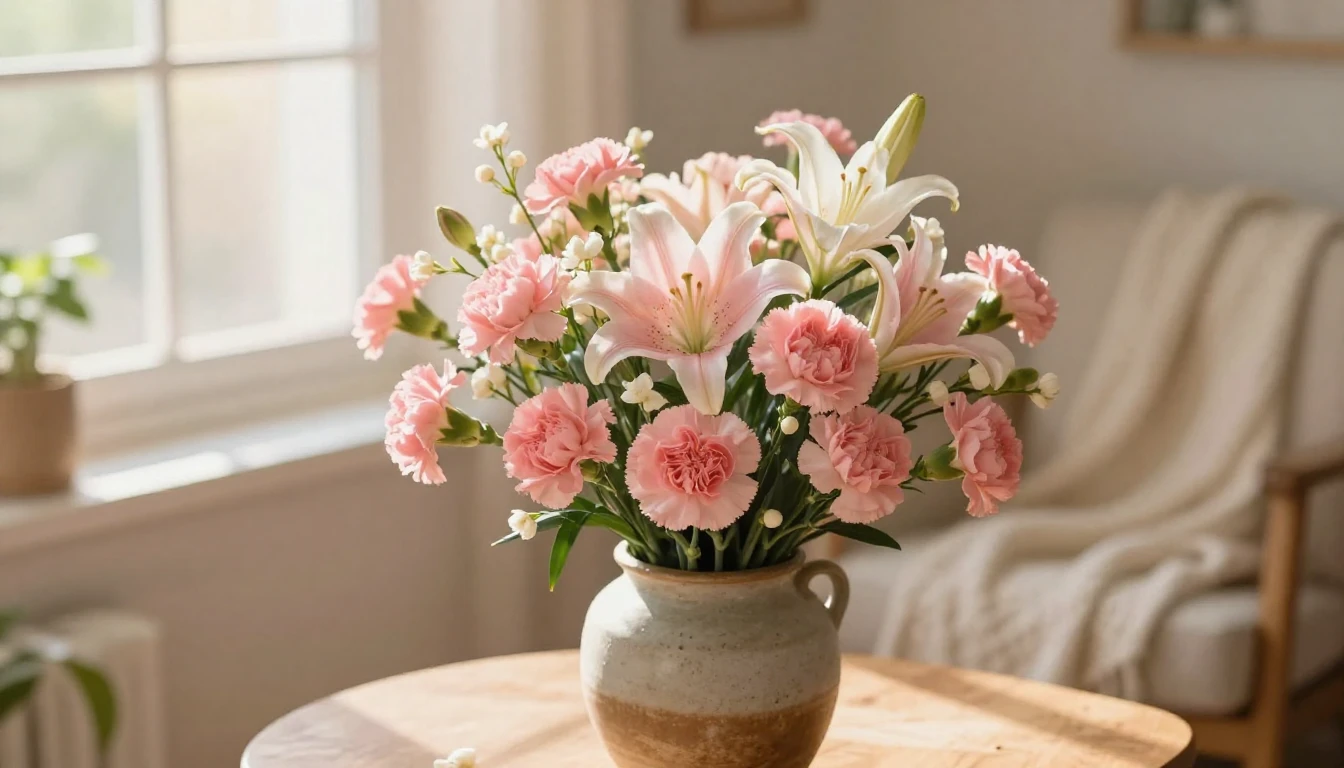 A beautiful, soft scene depicting a large bouquet of pink ca...