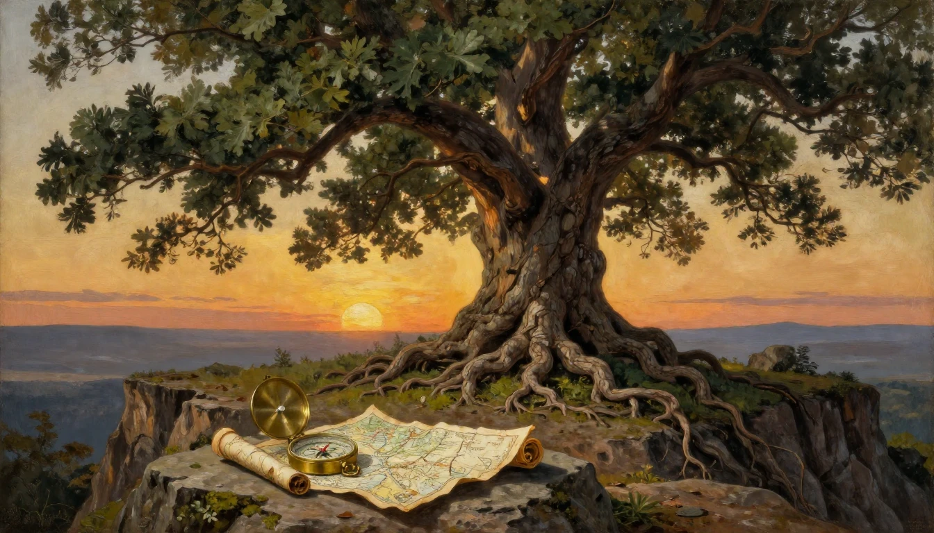 An oil painting depicting a majestic, ancient oak tree stand...