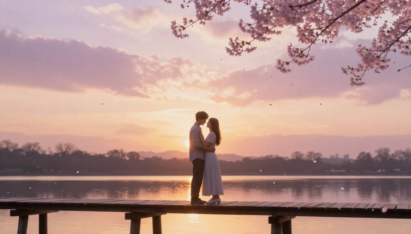 A dreamlike and romantic scene featuring two lovers standing...