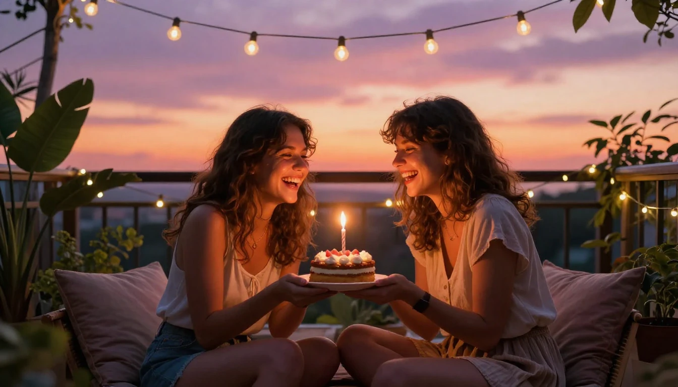 A heartwarming scene of two close friends sitting on a cozy ...