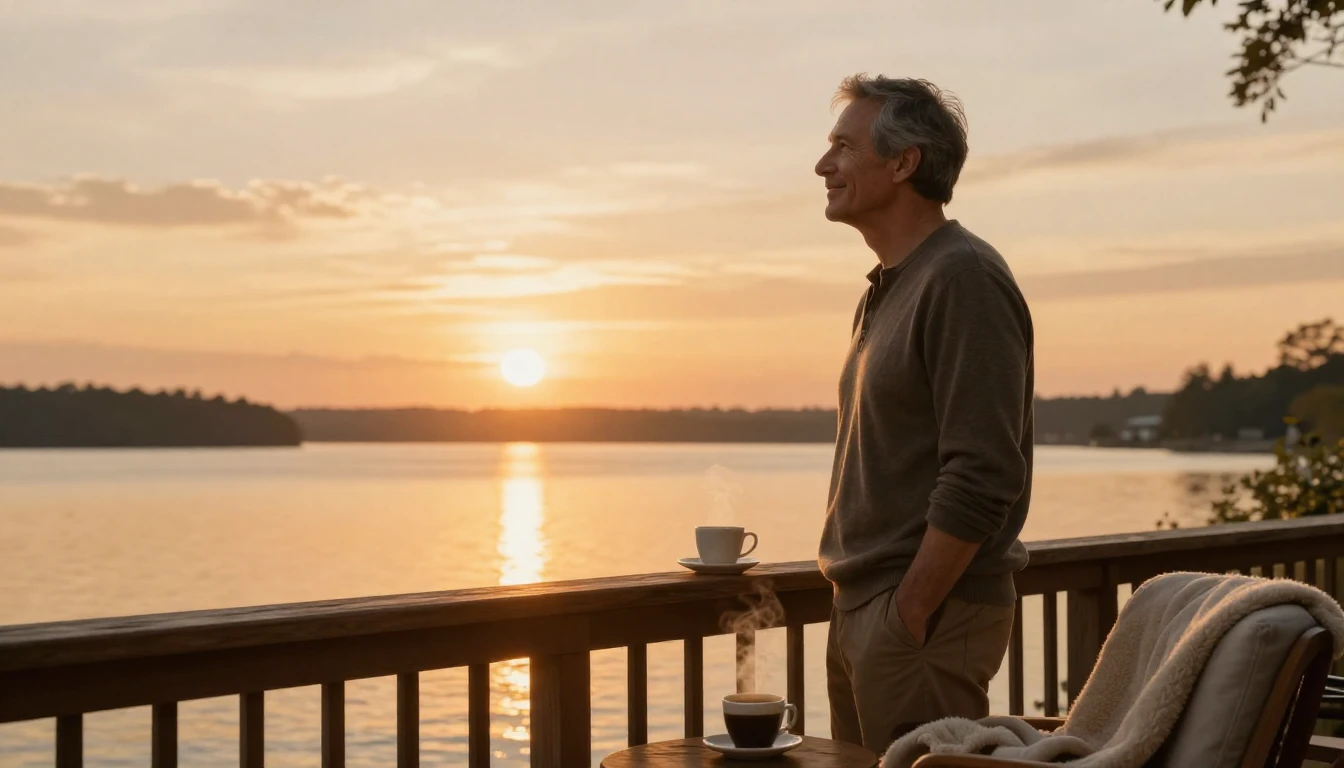A warm and serene scene of a mature man standing on a wooden...