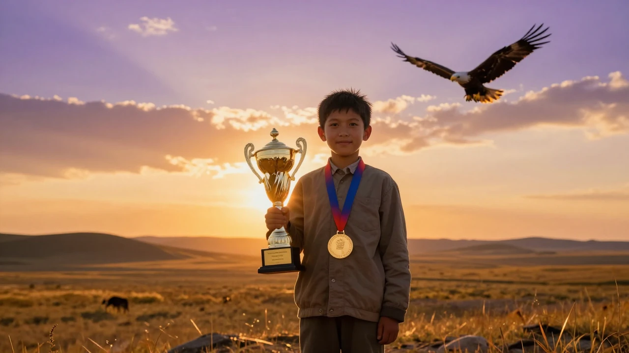 A cinematic shot of a young boy standing proudly on a high h...