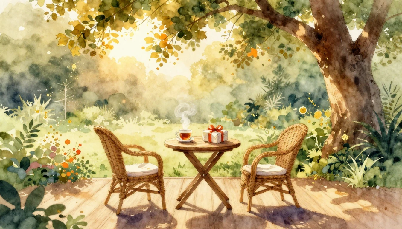 A heartwarming watercolor painting of a cozy wooden terrace ...