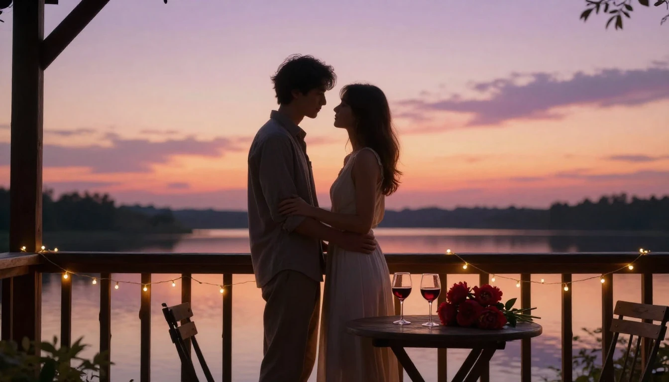 A romantic and intimate scene of a couple standing on a rust...