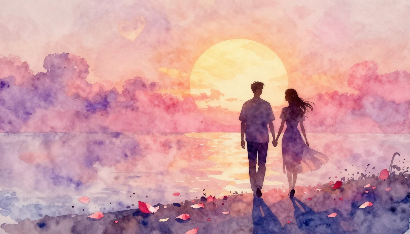 A soft and dreamy watercolor painting depicting two silhouet...