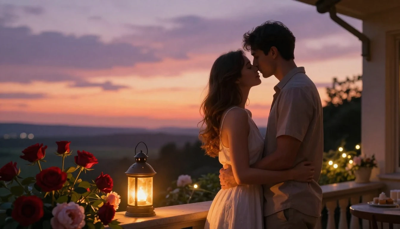 A highly detailed and romantic scene of a couple standing to...