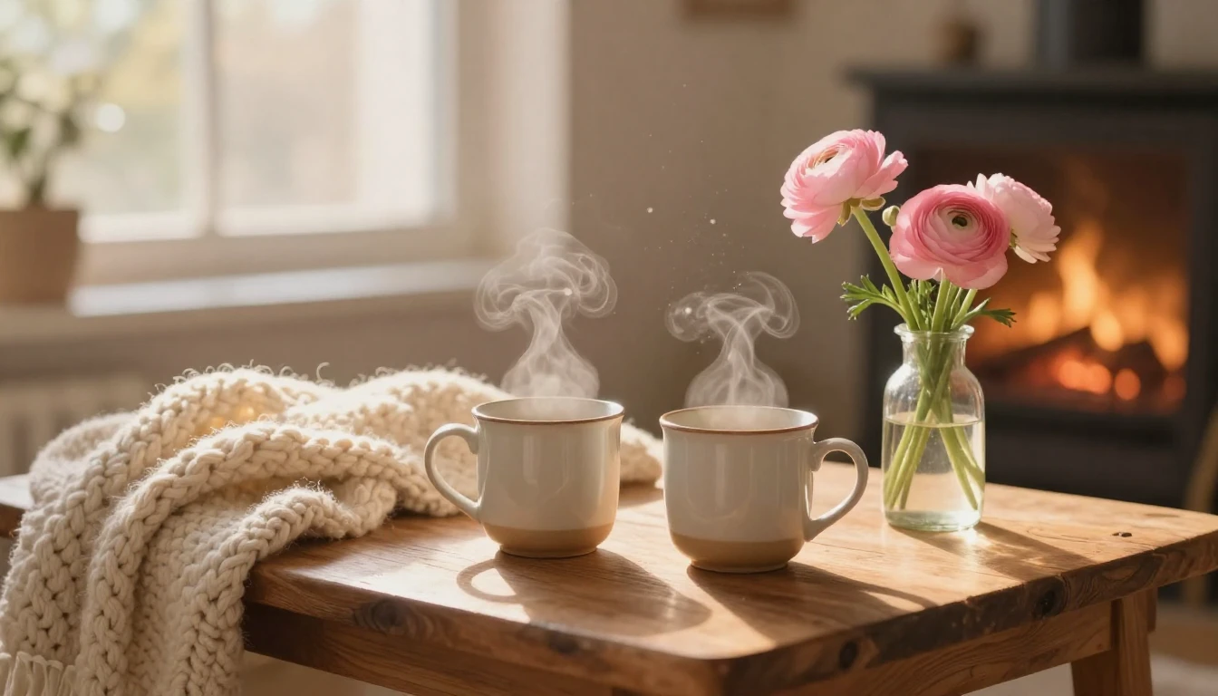 A warm and cozy indoor scene featuring two steaming ceramic ...