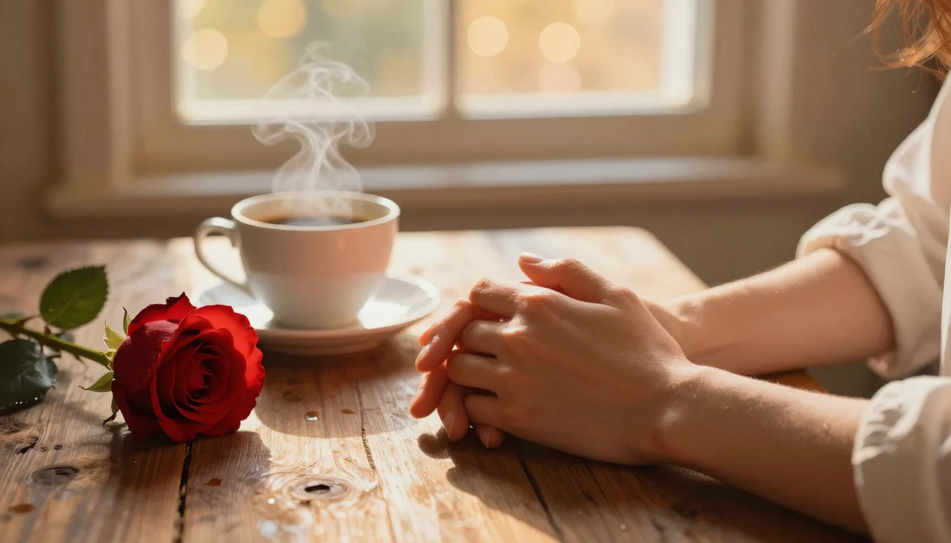 A romantic and cozy scene featuring two hands gently intertw...