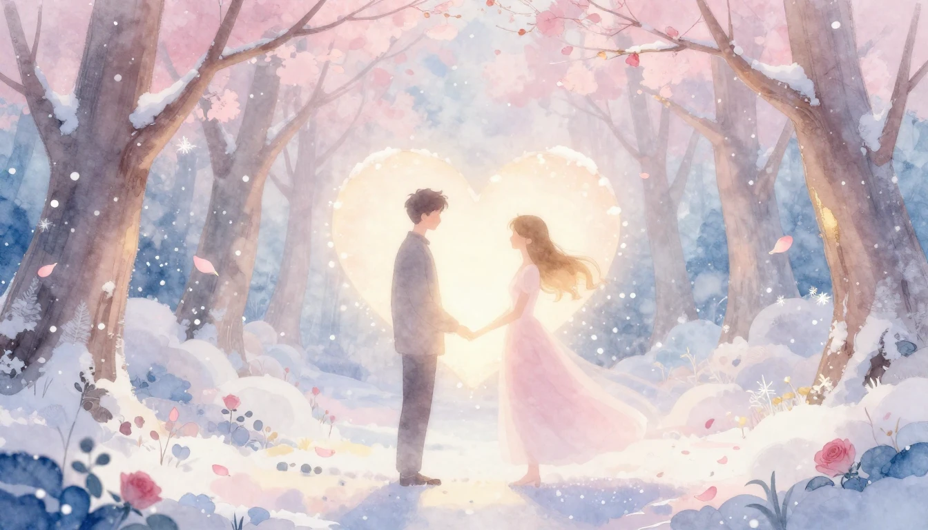A soft and dreamy watercolor illustration depicting a romant...