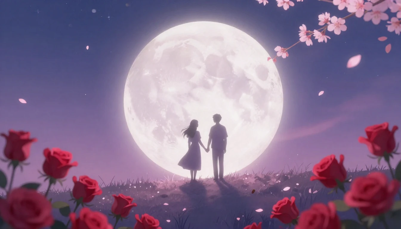 A dreamy and soft artistic scene featuring two silhouettes o...