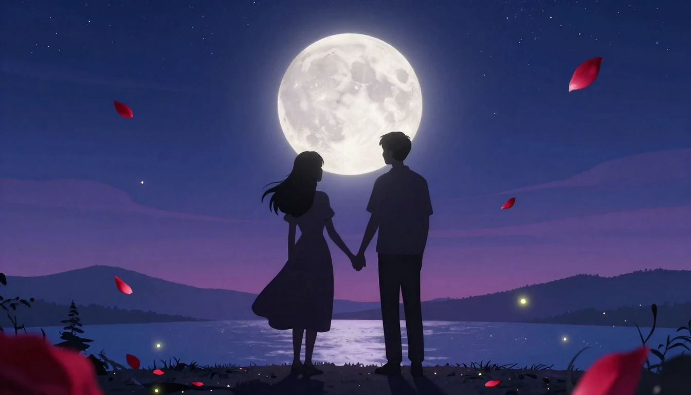 A romantic and dreamy scene depicting a silhouette of a coup...