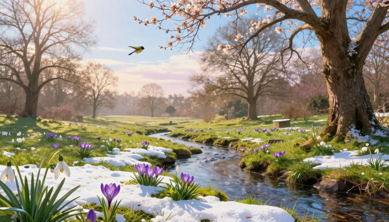 A beautiful spring landscape coming to life. Melting snow re...