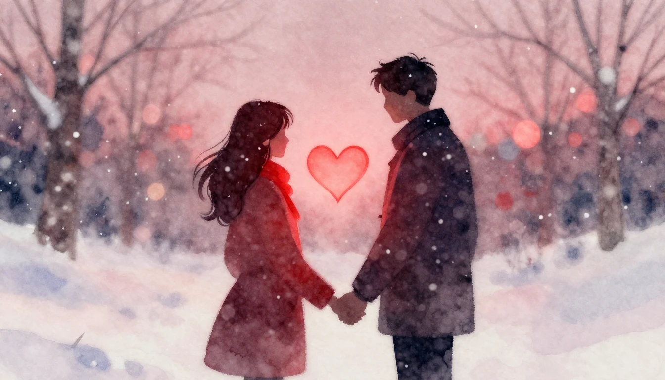 A soft and romantic watercolor painting depicting two silhou...