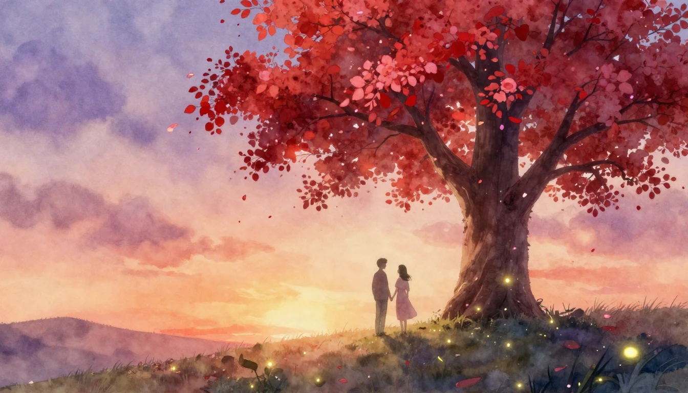 A dreamy and romantic watercolor scene featuring two vague s...