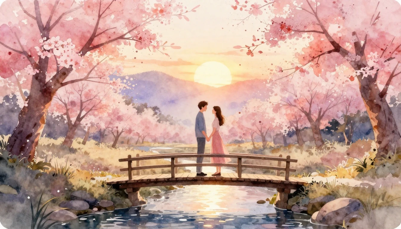A romantic watercolor illustration of a couple standing on a...