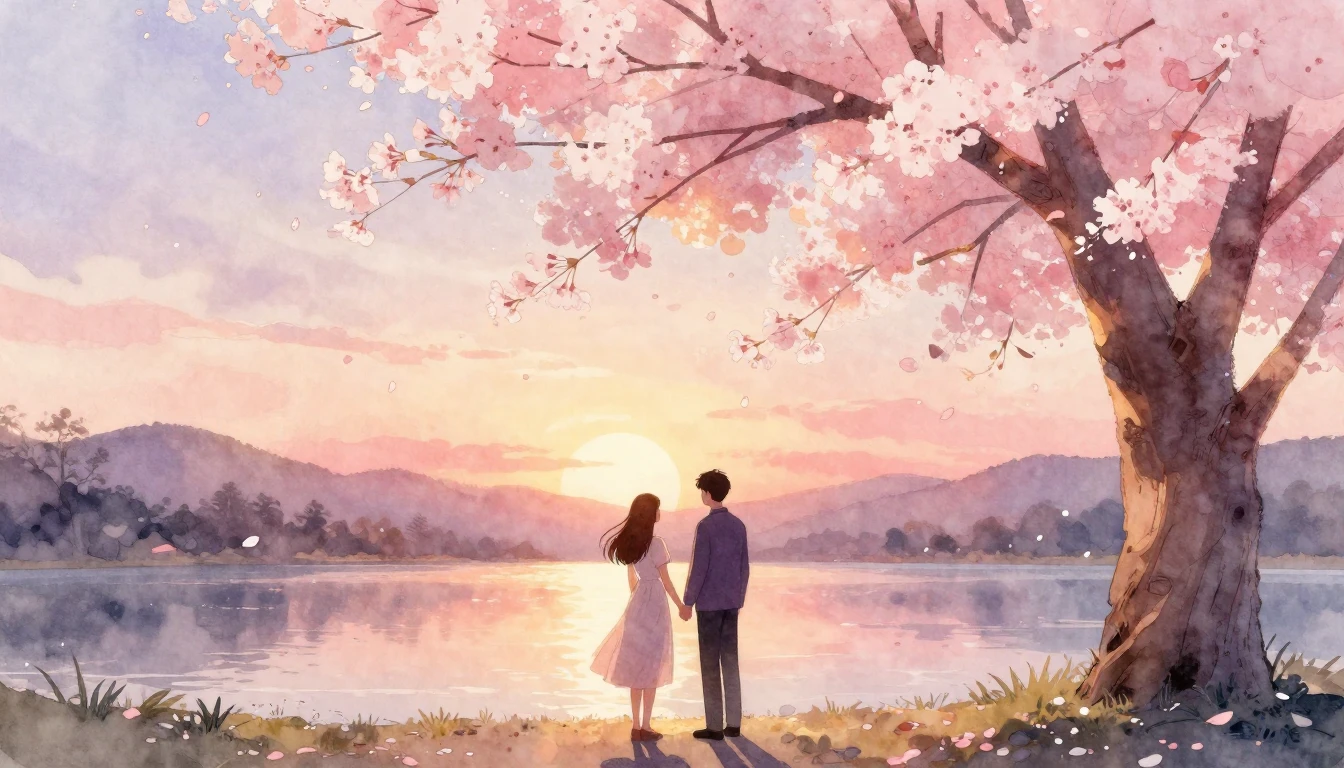 A romantic and ethereal watercolor illustration of two silho...