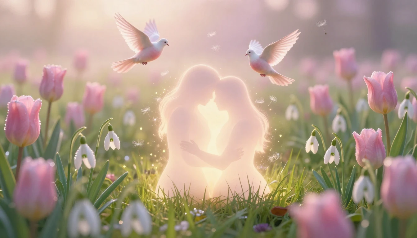 A beautiful, ethereal spring meadow at sunrise, filled with ...