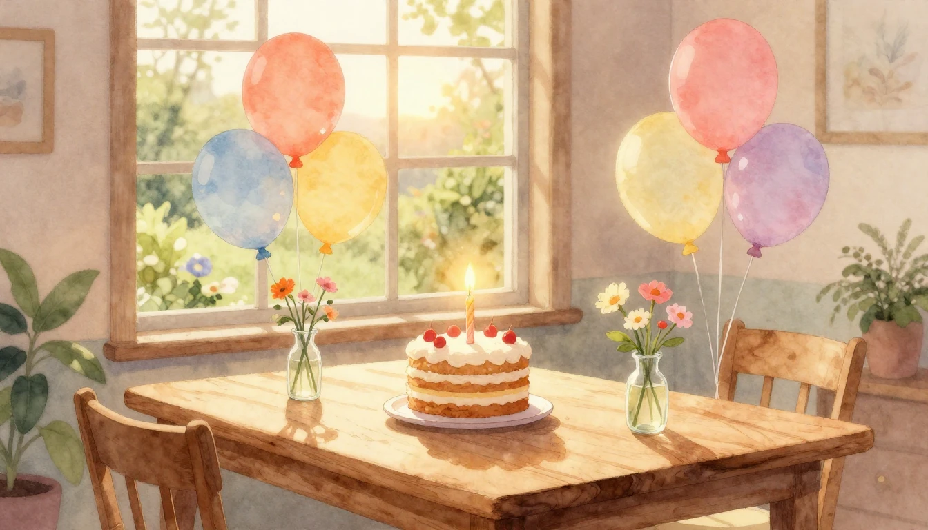 A warm and inviting watercolor illustration of a cozy birthd...