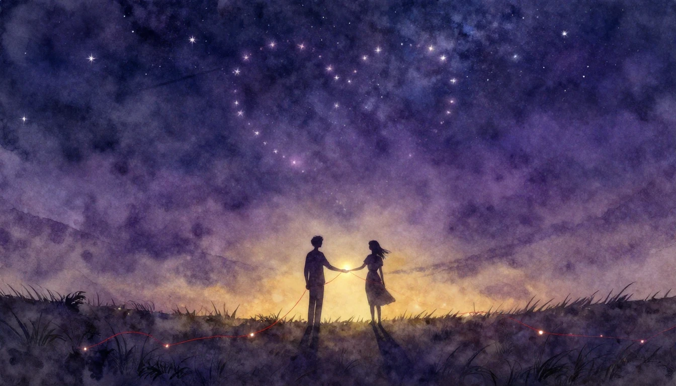 A soft and romantic watercolor painting depicting two silhou...