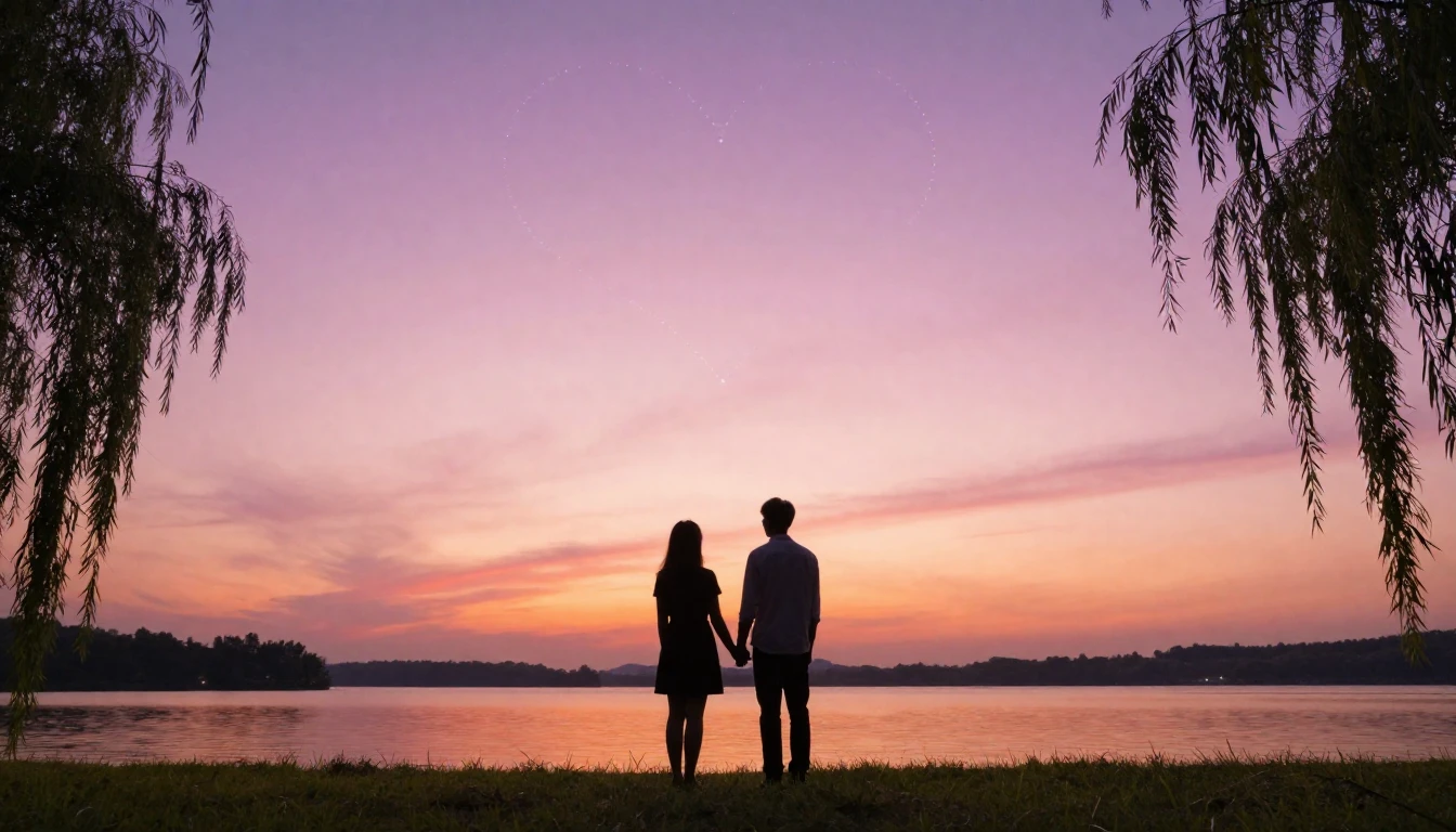A romantic and dreamy scene featuring two silhouette figures...