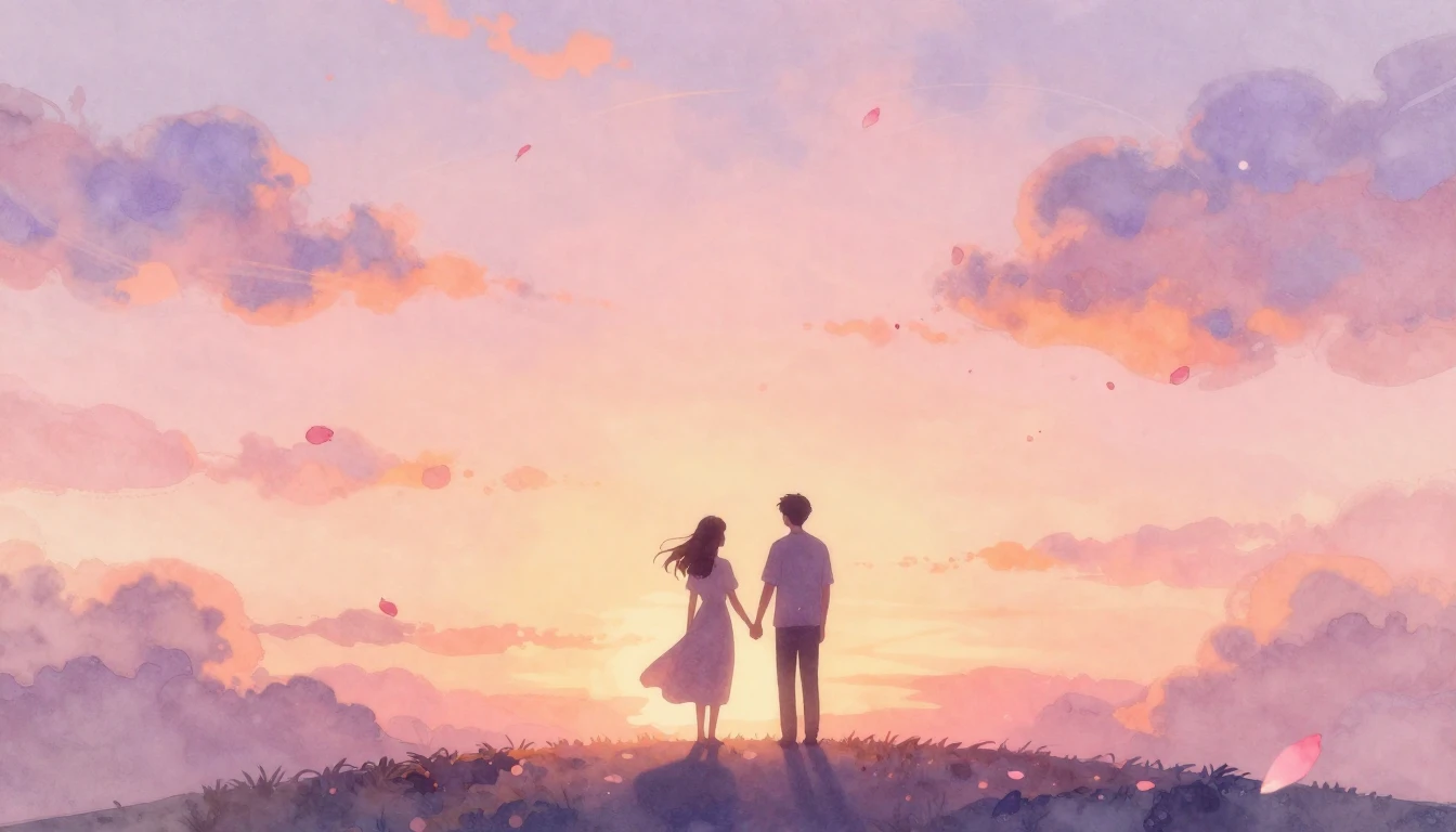 A soft, romantic watercolor illustration depicting two silho...