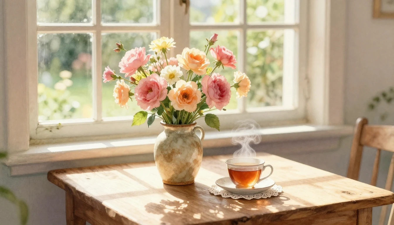 A beautiful and serene watercolor painting of a sunlit woode...