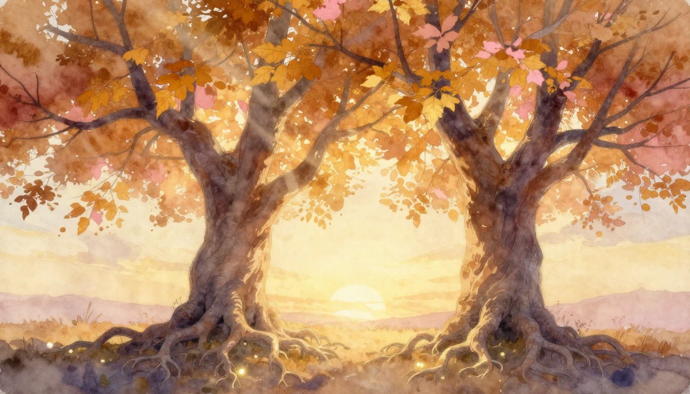 A soft and dreamy watercolor painting depicting two large, a...