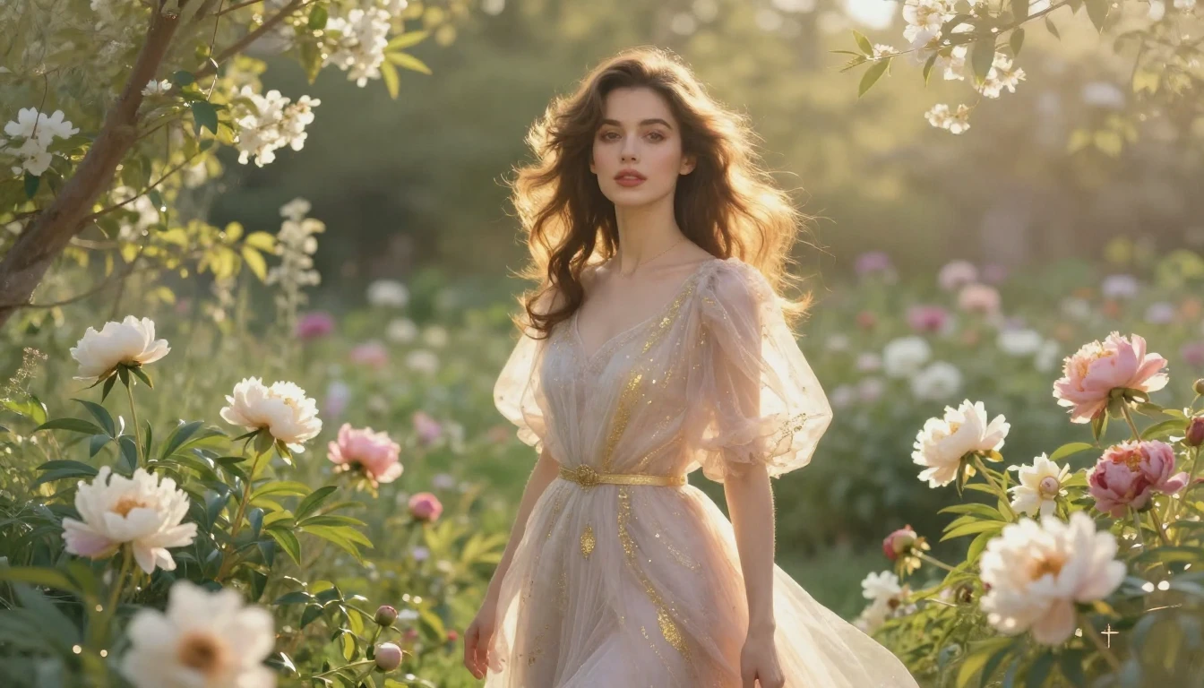 An ethereal and elegant portrait of a graceful woman standin...