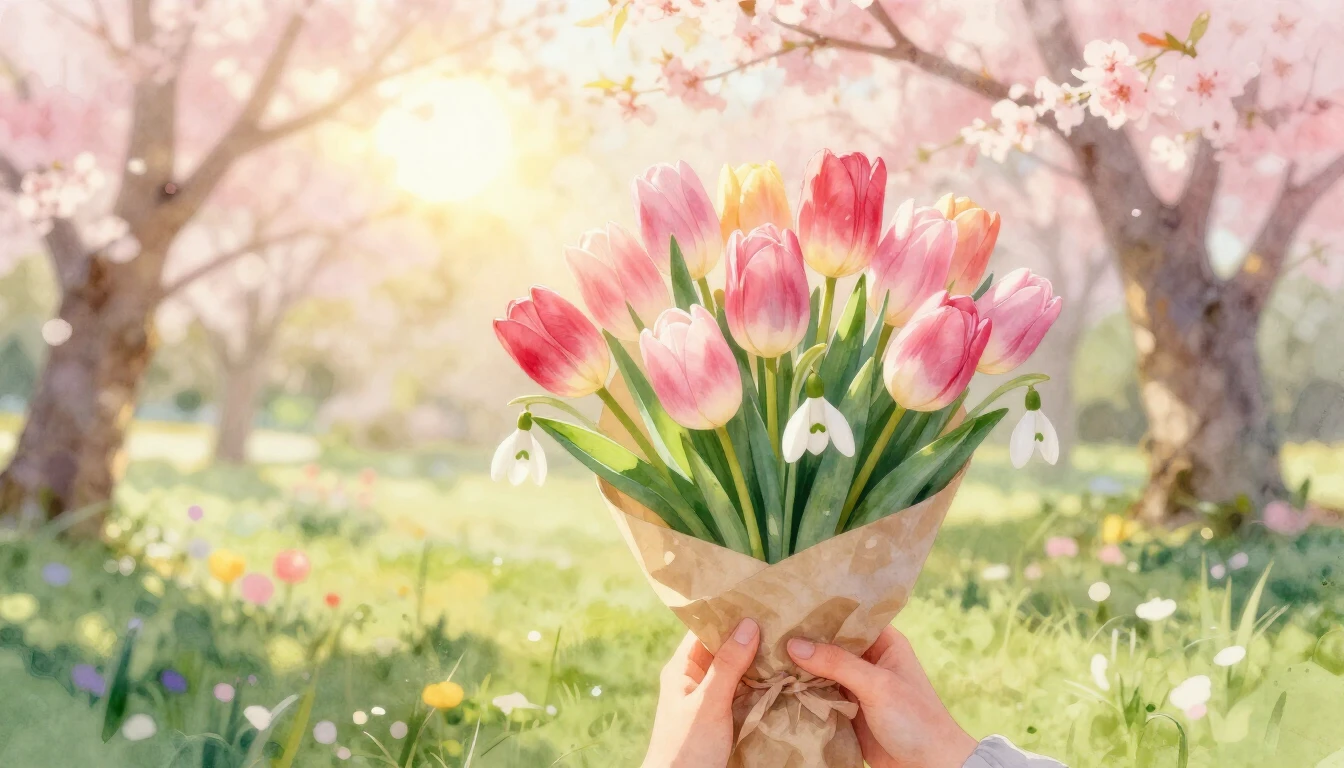 A soft and dreamy watercolor painting depicting a gentle spr...