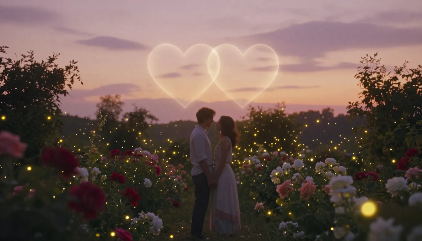 A romantic and ethereal scene depicting a couple standing cl...