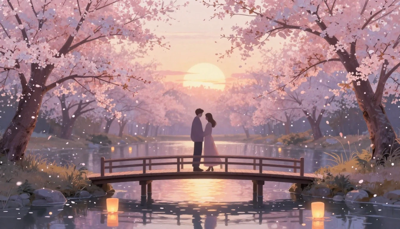 A dreamy and romantic scene featuring two stylized silhouett...