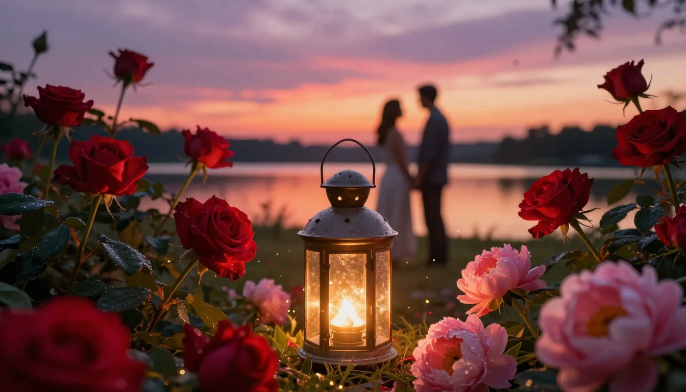 A breathtakingly romantic scene at sunset in a blooming gard...