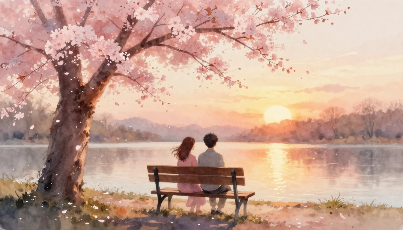 A romantic and ethereal watercolor painting of a couple sitt...
