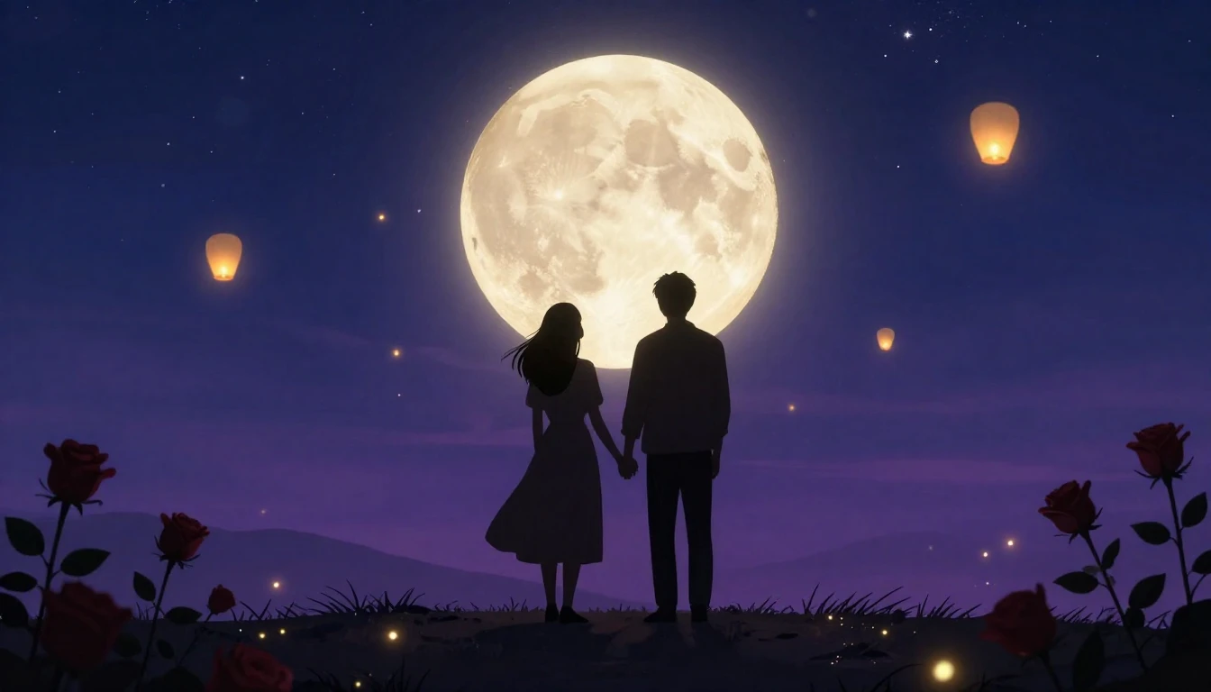 A romantic and dreamy scene depicting two silhouettes standi...