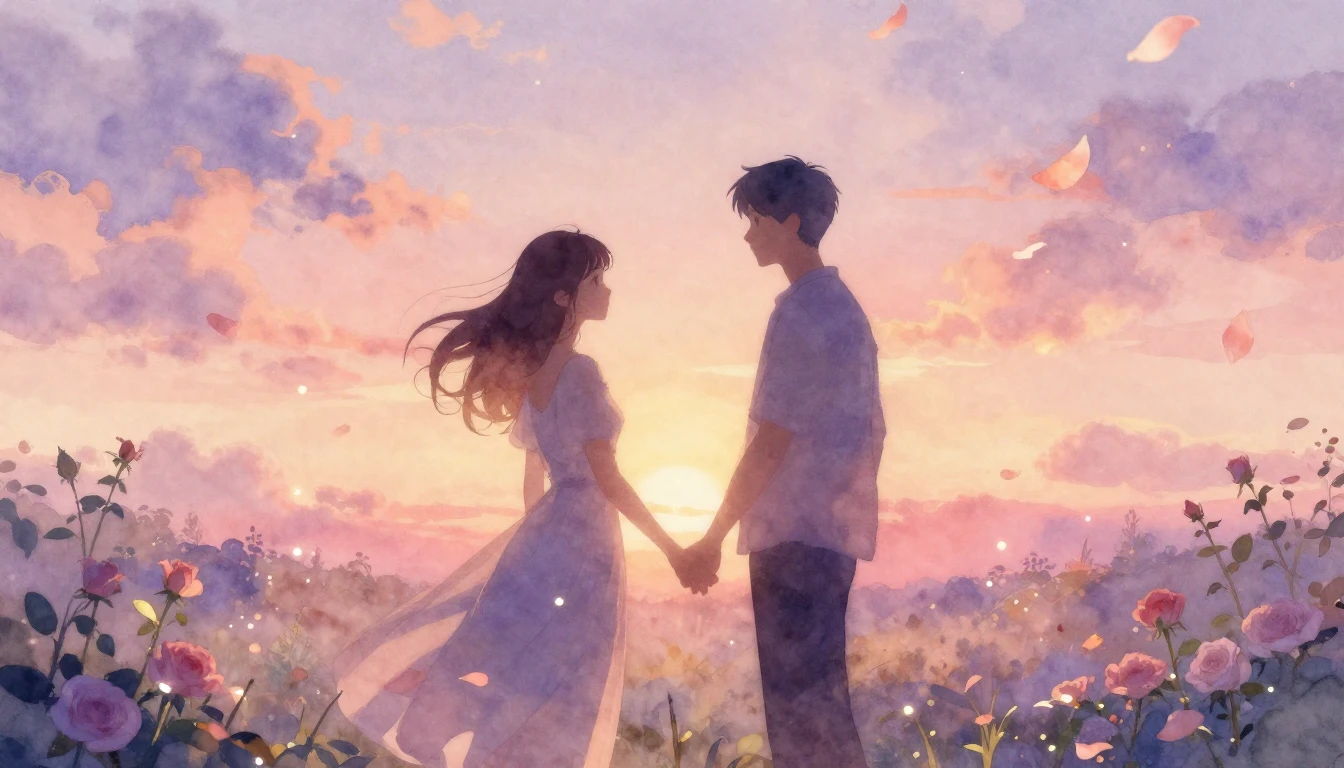 A soft and dreamy watercolor painting depicting two silhouet...