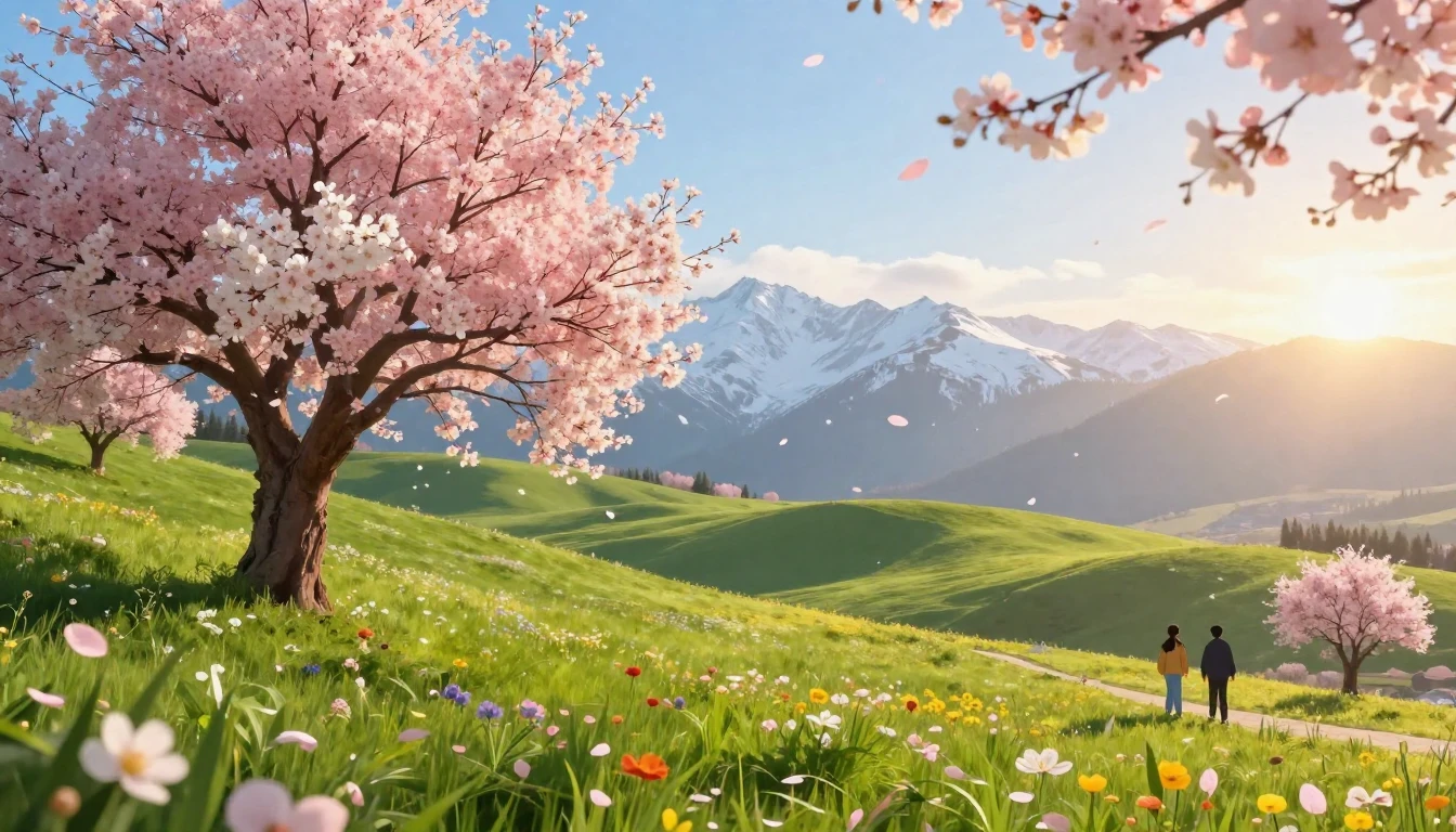 A beautiful, soft spring landscape featuring rolling green h...