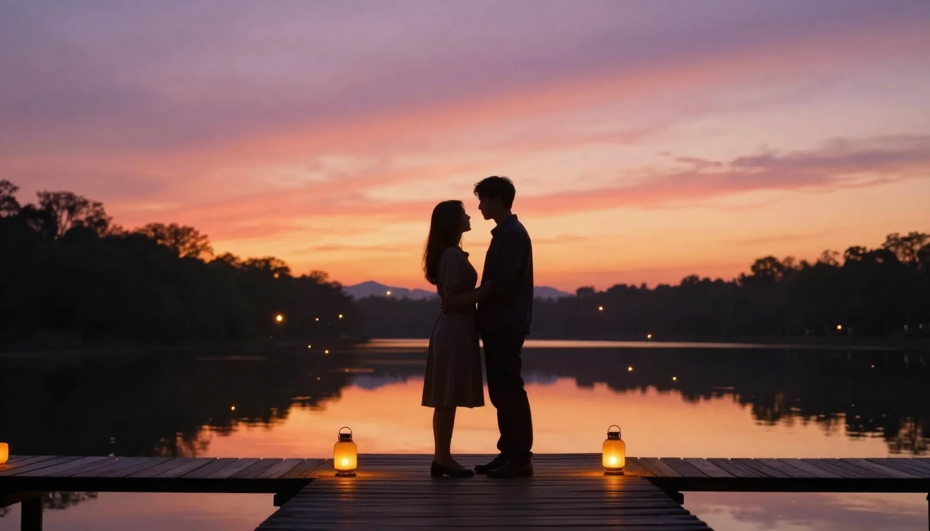A romantic and cozy scene of two silhouettes standing togeth...