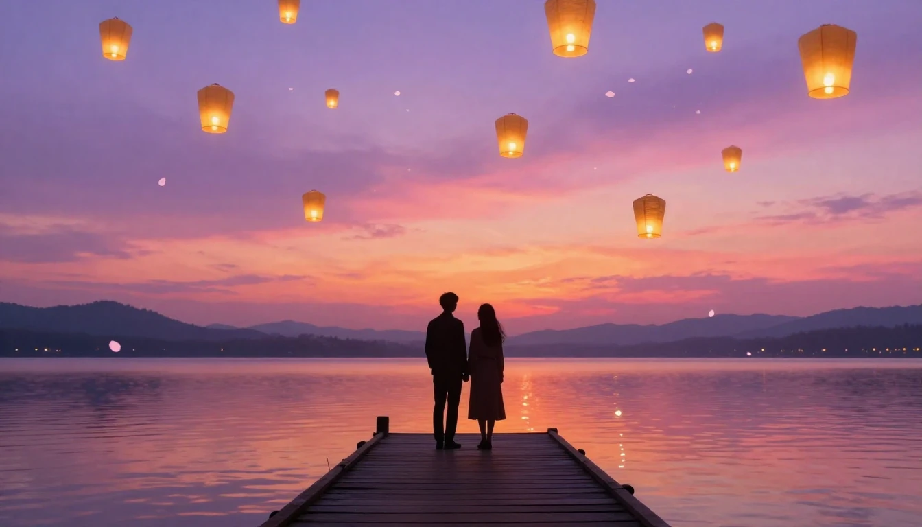 A romantic and dreamy illustration featuring two silhouetted...