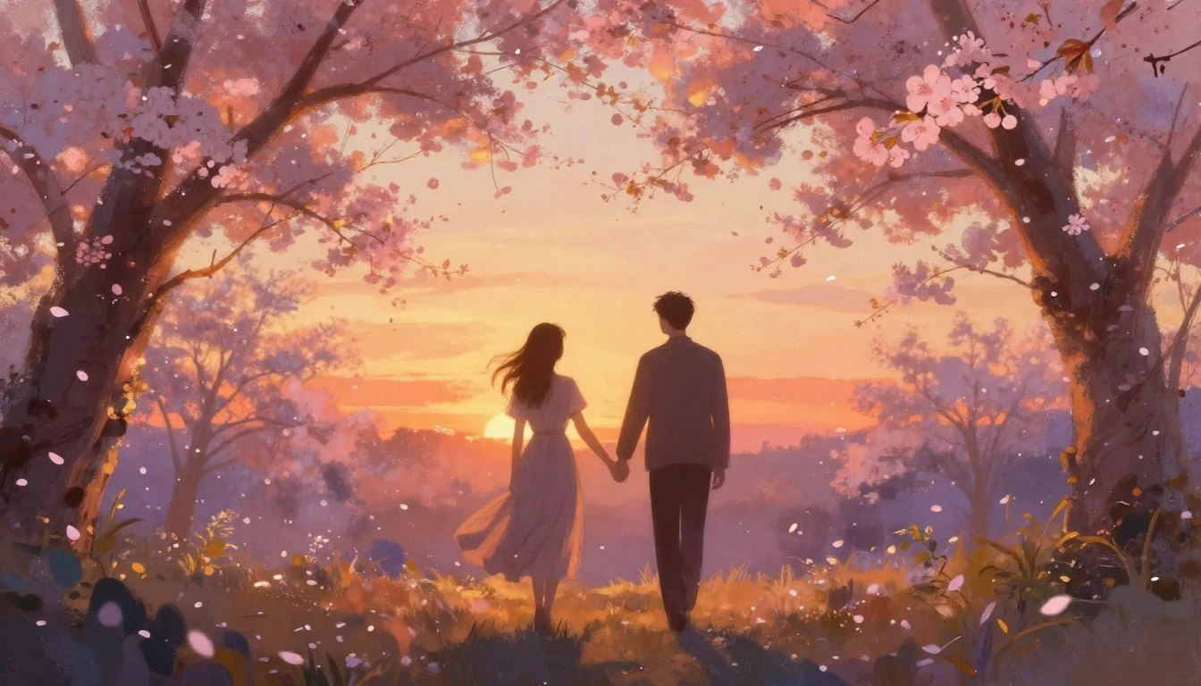 A romantic and ethereal scene of two silhouettes walking han...