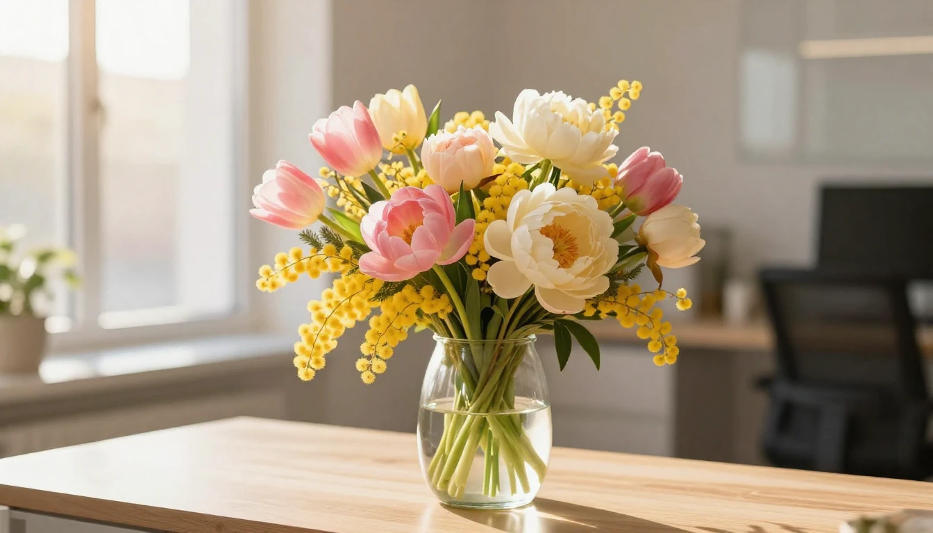 A vibrant and heartwarming composition featuring a lush bouq...