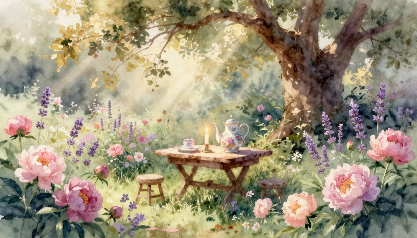 A beautiful and serene watercolor painting of a lush, sun-dr...