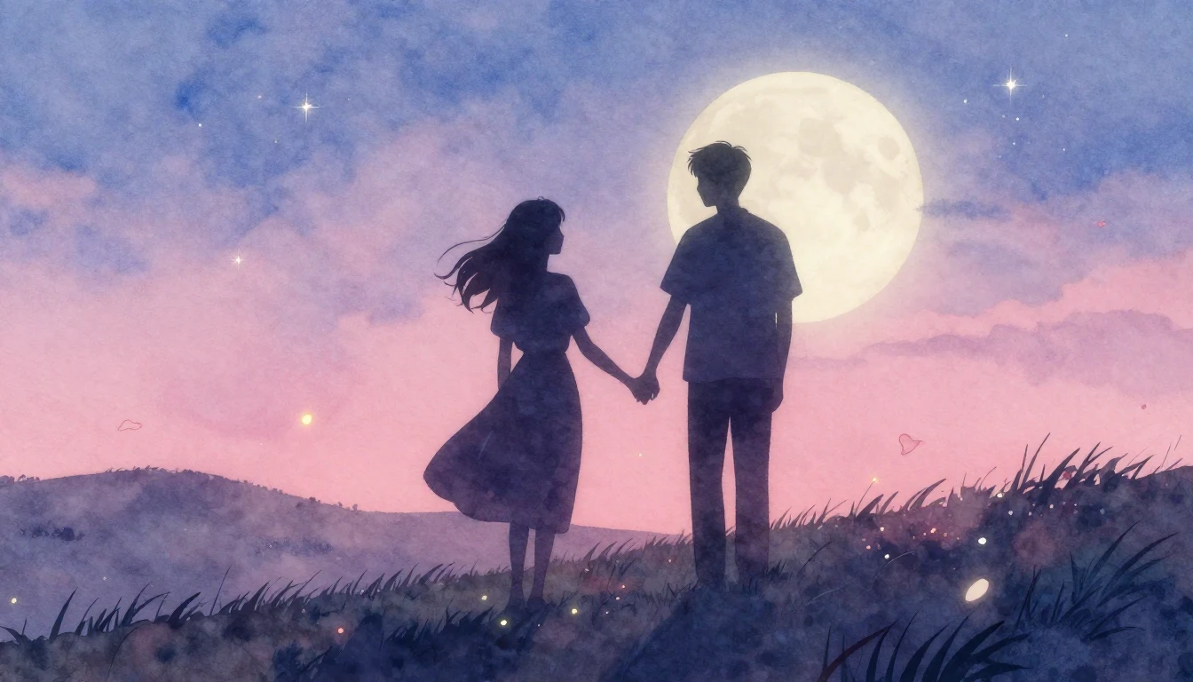 A soft and dreamy watercolor painting depicting two silhouet...