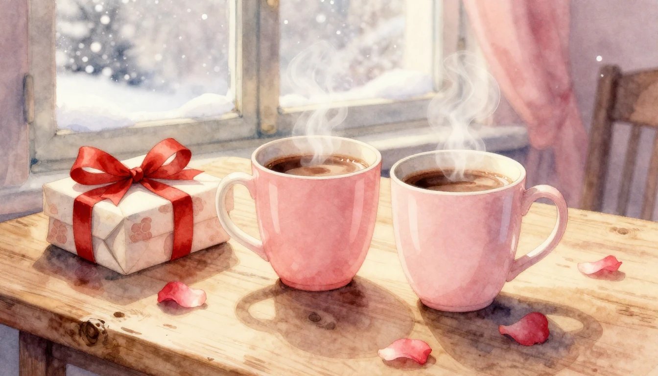 A soft and romantic watercolor illustration depicting a cozy...